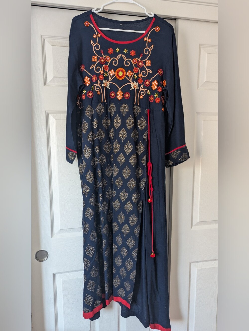 Indian Embroidered Mirror Work Kurta Dress | Navy Blue Ethnic Maxi Tunic | Size
